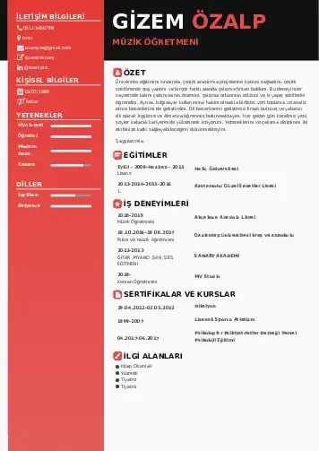Müzik Öğretmeni Cv Örnekleri cv indir